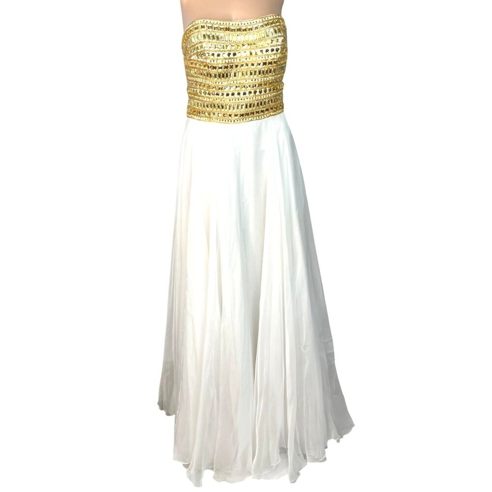 Sherri Hill White Strapless Formal Gown Gold Embellished Bodice Size 8